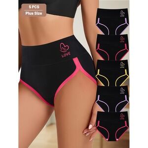 5 Pack Womens Plus Size High Waist Panties Black Love Heart Contrast Briefs Set